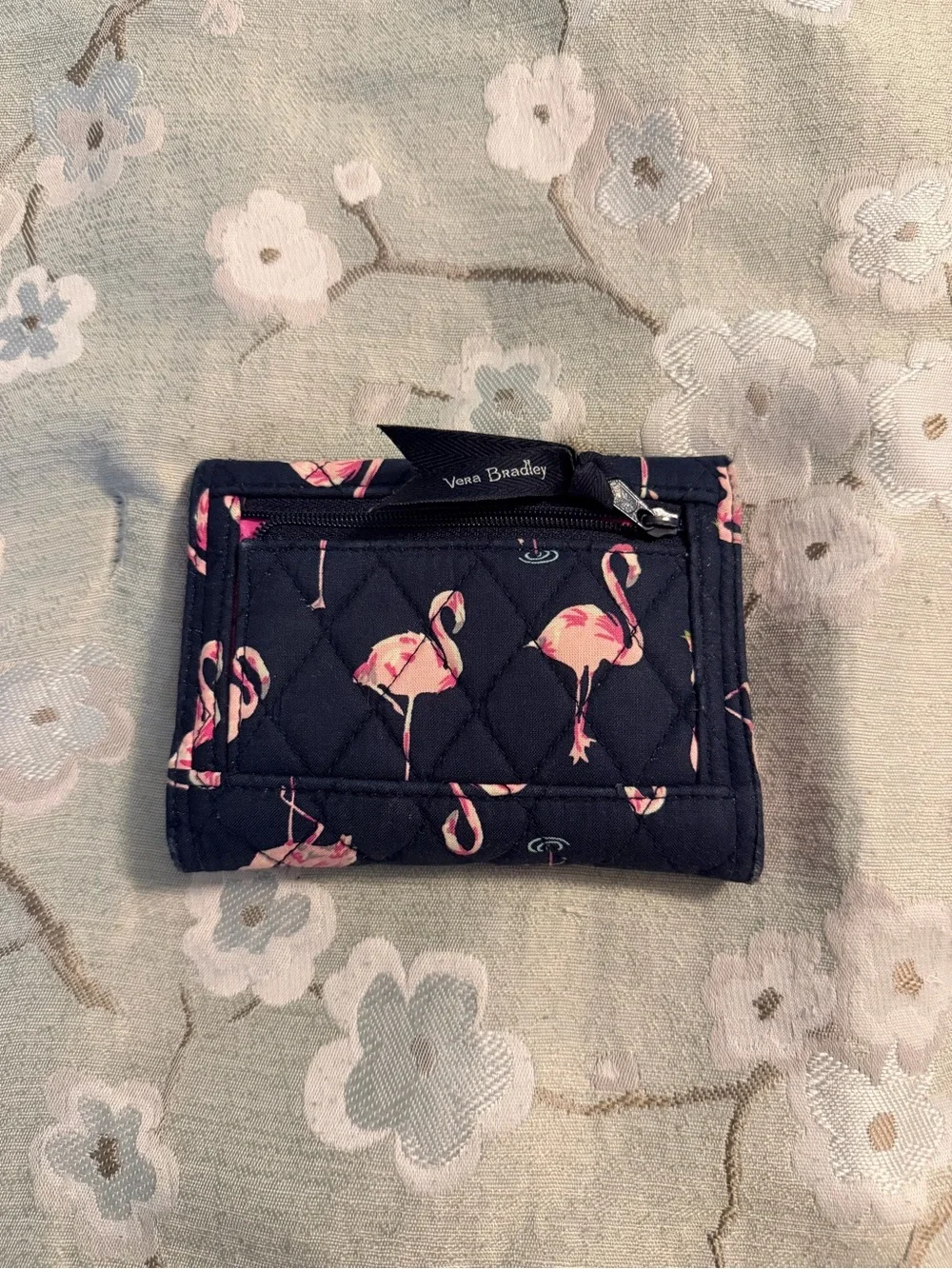 Vera Bradley Navy Quilted Wallet with Pink Flamingo Pattern